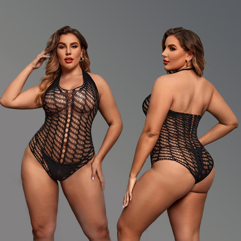 WY-86014--Fashionable 100kg large size sexy underwear, no-take-off one-piece, transparent hollow halterneck one-piece black silk