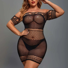 WY-86019--Plus size sexy lingerie sexy jumpsuit see-through dress mesh
