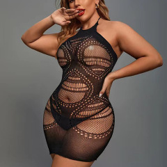 WY-86043--Plus size halterneck, backless hot girl's butt-covering uniform, small breasts, hollow, sexy temptation, sexy mesh clothes