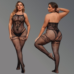 WY-86012--Sexy lingerie, sexy open-fit, no-take-off, large size one-piece pajamas set, hollow fishnet stockings, backless fishnet top