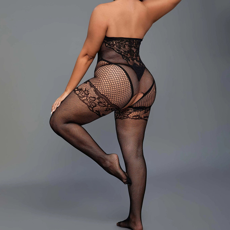 WY-86012--Sexy lingerie, sexy open-fit, no-take-off, large size one-piece pajamas set, hollow fishnet stockings, backless fishnet top