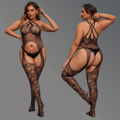 WY-86008--Sexy and sexy 150kg fat sister jumpsuit with open crotch and see-through plus size netting