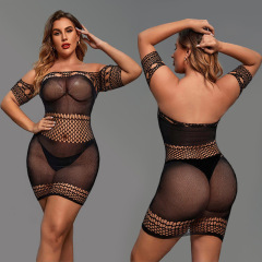 WY-86019--Plus size sexy lingerie sexy jumpsuit see-through dress mesh