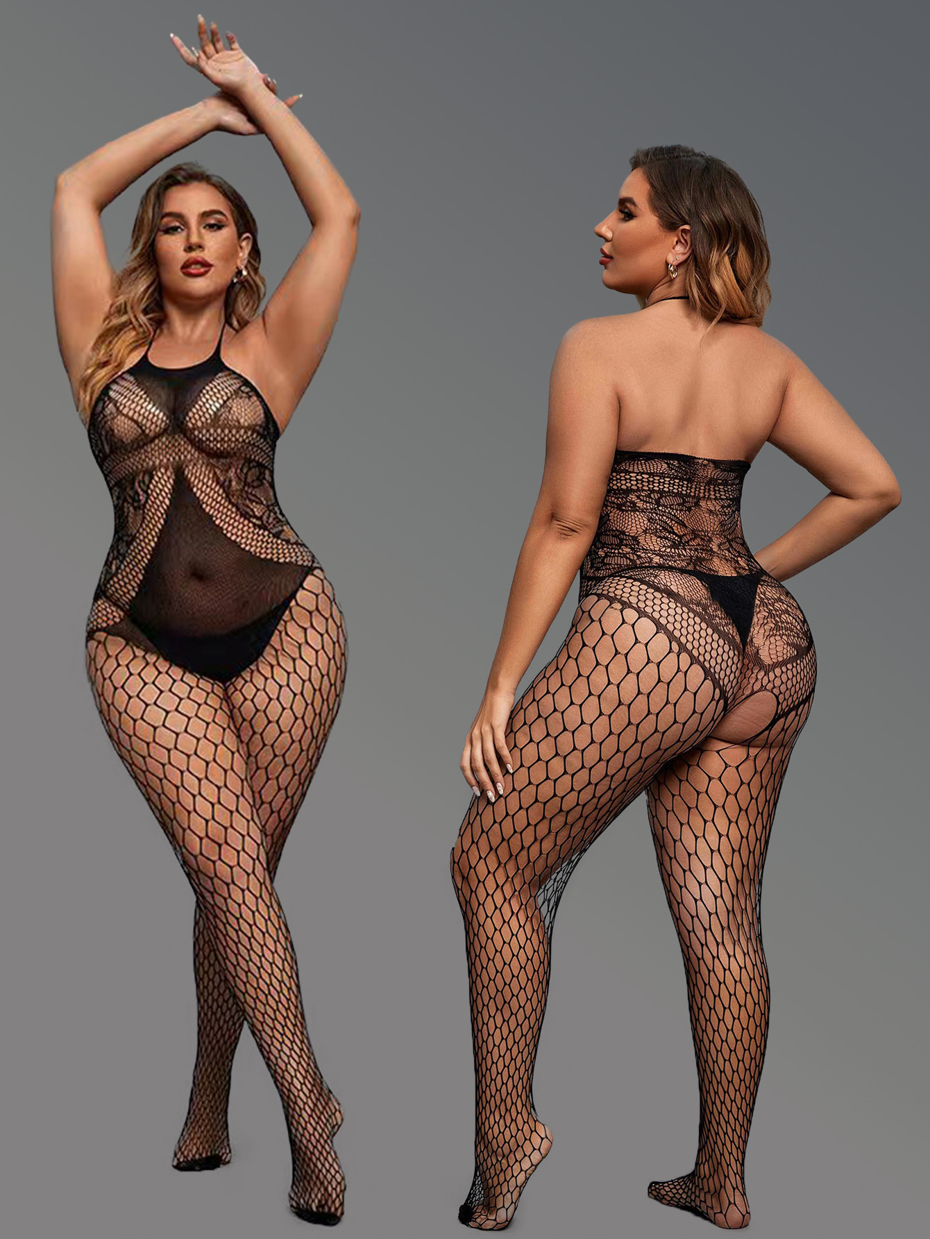 WY-86030--100KG Large Size Sexy Underwear Open-Style No-Take-Off Suspender Bodysuit Transparent Hollow Mesh Clothes