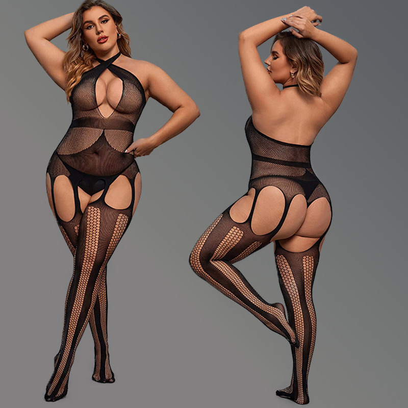 WY-86038--Plus size women's plus size sexy and fun no-take-off suspenders cross hollow one-piece fat fishnet stockings