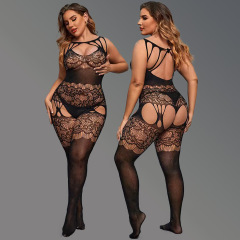 WY-86010--Large size sexy lingerie black stockings jumpsuit mesh