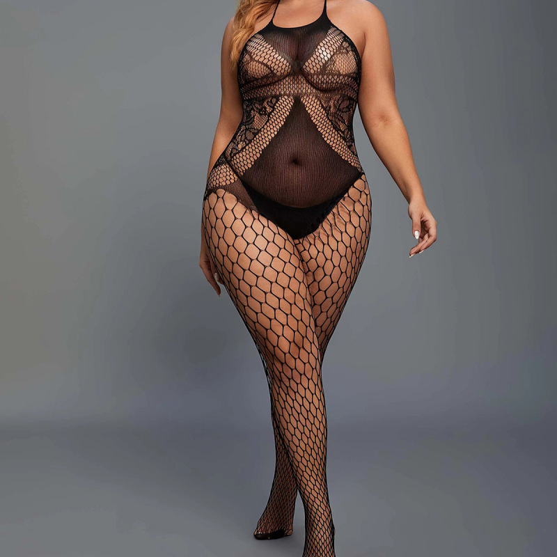 WY-86030--100KG Large Size Sexy Underwear Open-Style No-Take-Off Suspender Bodysuit Transparent Hollow Mesh Clothes