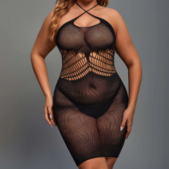WY-86028--Hip-covering dress, hollow sexy sexy underwear for fat women, plus size mesh