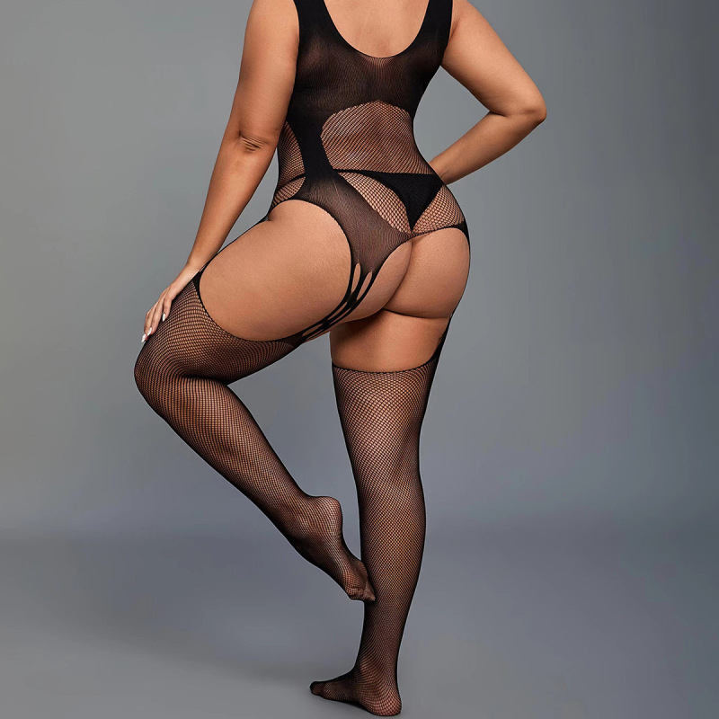 WY-86027--Sexy lingerie, sexy hollow-free jumpsuit, large size mesh top