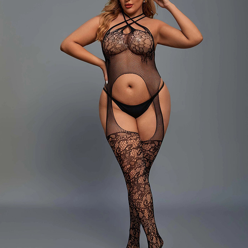 WY-86008--Sexy and sexy 150kg fat sister jumpsuit with open crotch and see-through plus size netting