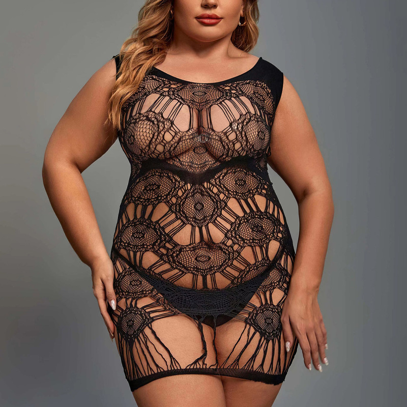 WY-86037--100kg large size sexy underwear with open straps and no need to take off the one-piece bodysuit with hollow net
