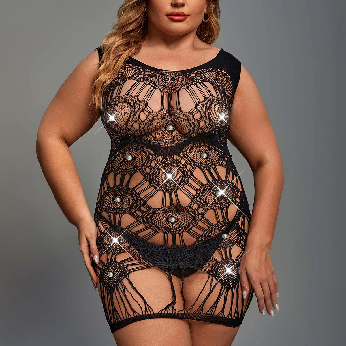 WY-86037--100kg large size sexy underwear with open straps and no need to take off the one-piece bodysuit with hollow net