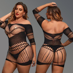 WY-86041--Sexy and sexy no-take-off sexy women's backless hollow one-piece skirt see-through large size net clothing