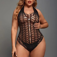 WY-86014--Fashionable 100kg large size sexy underwear, no-take-off one-piece, transparent hollow halterneck one-piece black silk