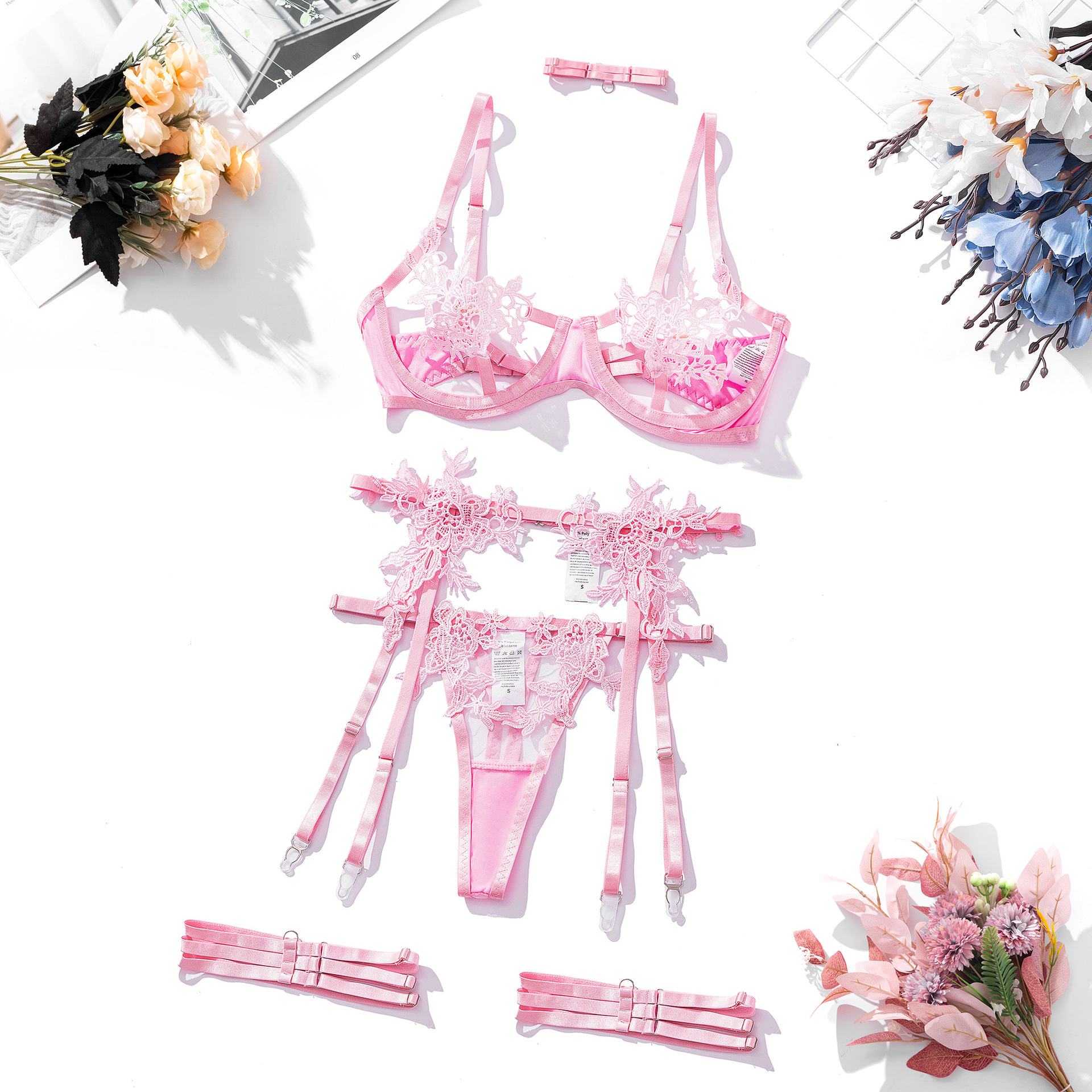 2068-Embroidered water-soluble flower girl clothing mesh see-through sexy high-end underwear bra set