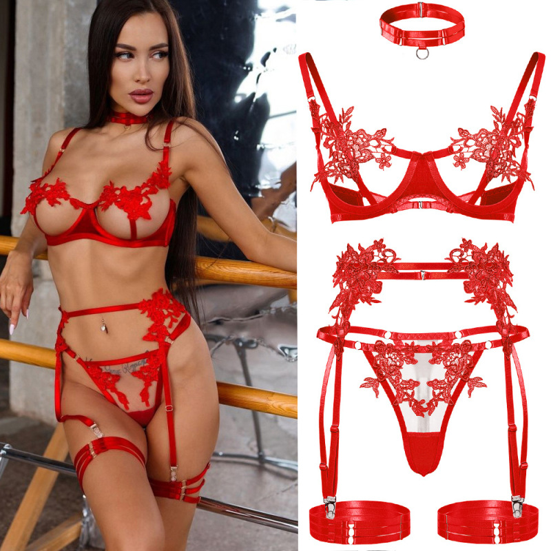 2068-Embroidered water-soluble flower girl clothing mesh see-through sexy high-end underwear bra set
