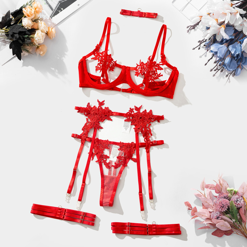 2068-Embroidered water-soluble flower girl clothing mesh see-through sexy high-end underwear bra set