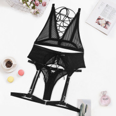 Z3406A-Fashionable Striped Mesh Sexy Cross Strap Wireless European and American Sexy Underwear Four-piece Set