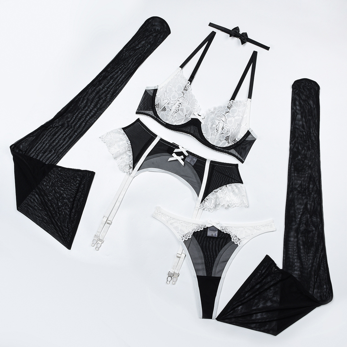 Z3721L-Sexy bra set AliExpress fashion lace mesh stitching contrasting sexy lingerie five-piece set