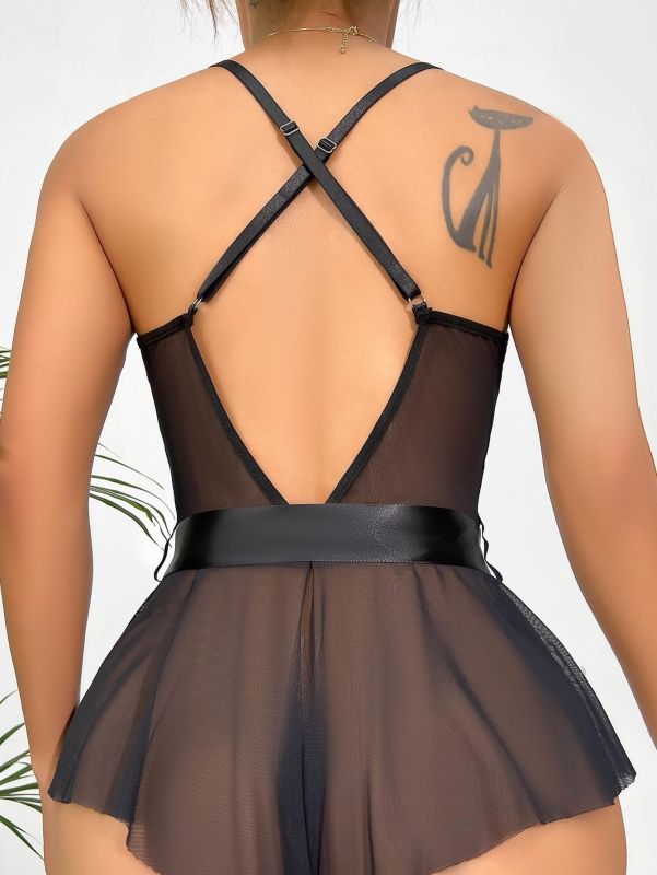 10157-Shaping bow stitched lace backless see-through sexy lingerie jumpsuit