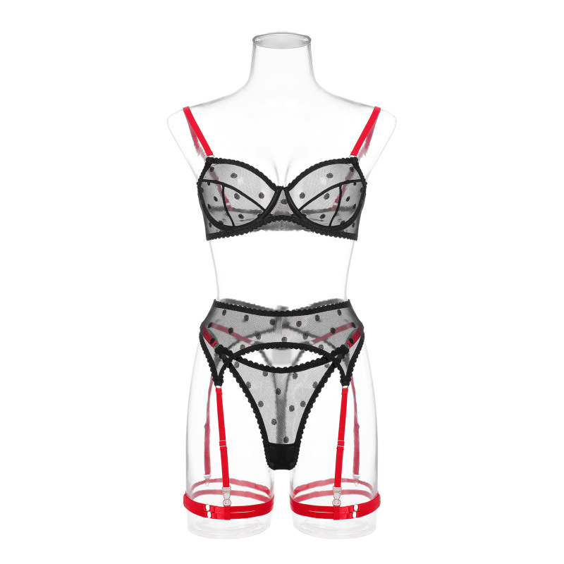 2014-Thin polka dot bra set mesh women's garter sexy underwear