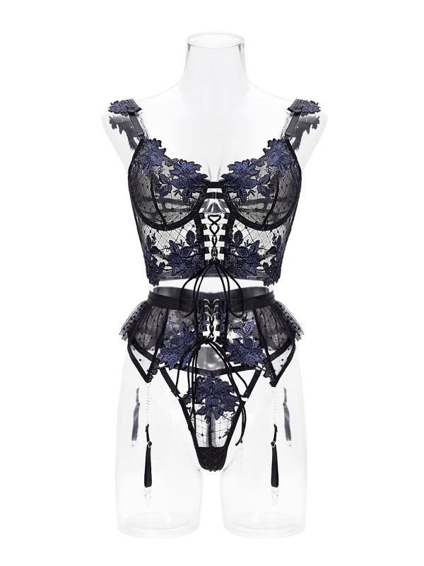 2002-Sexy Thin Embroidered Bra Set Mesh Floral Underwear Women's Garter Belt