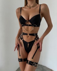 2035-Tempting metal buckle intertwined stitching hollow bra sexy interesting underwear