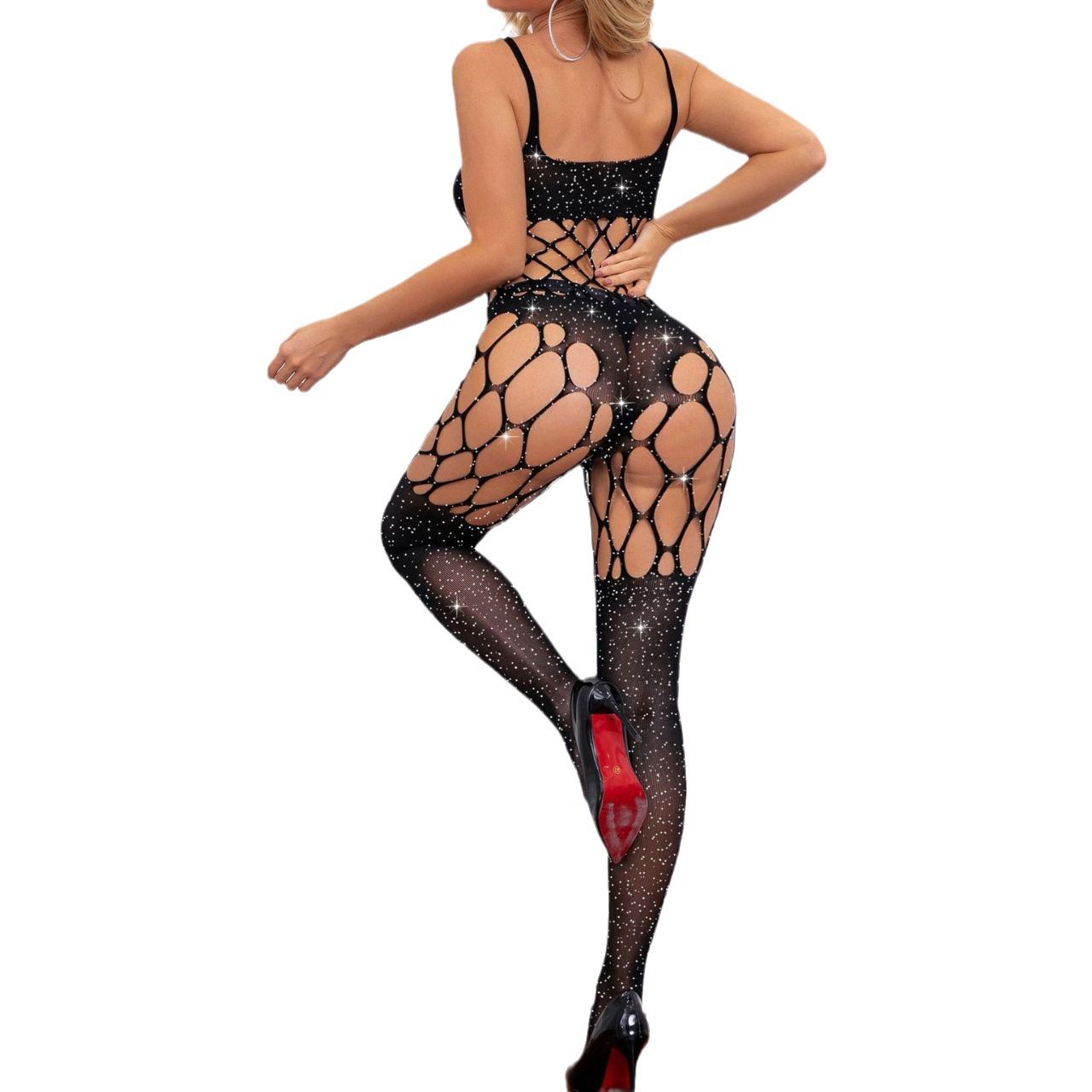 T21192--New hot selling sexy hollowed out hook mesh burst flash hot drill one-piece sexy underwear