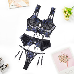 2002-Sexy Thin Embroidered Bra Set Mesh Floral Underwear Women's Garter Belt