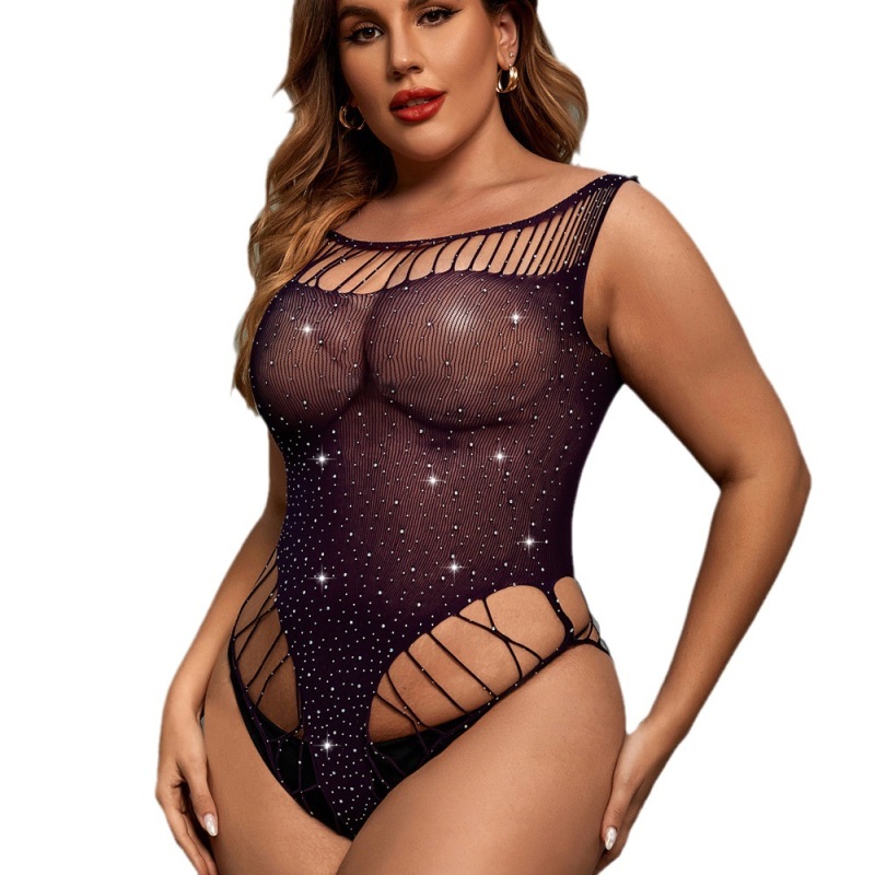 86017--Plus size sexy lingerie, sexy see-through jumpsuit, hot rhinestones, baby's breath starry sexy jumpsuit