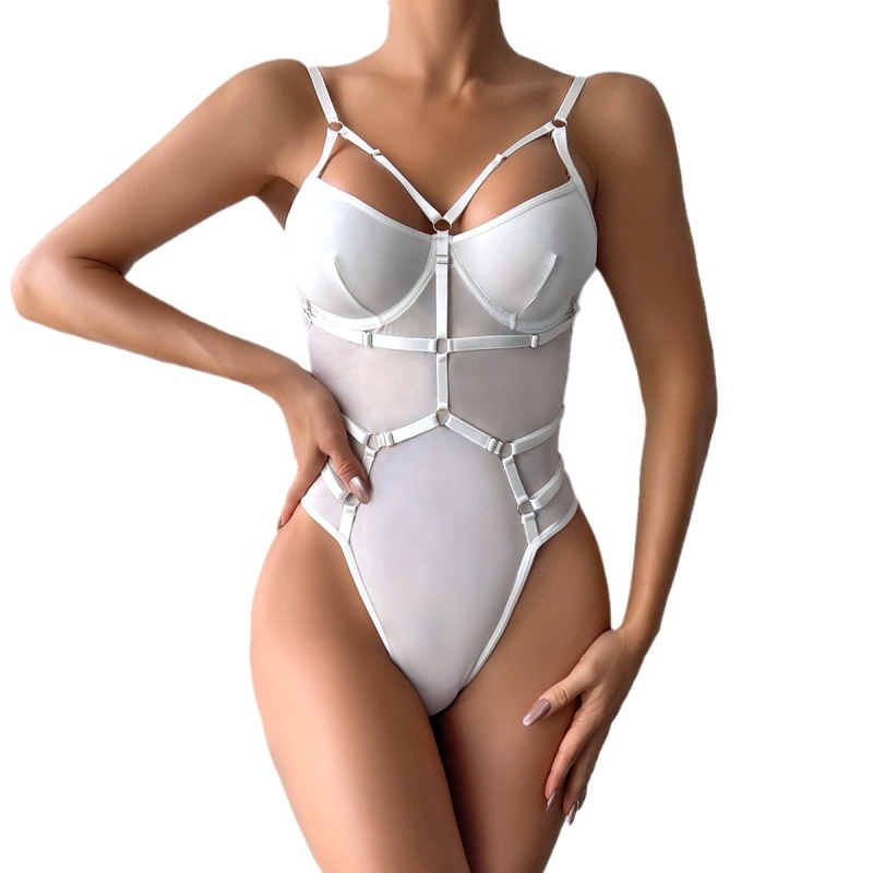 3429--New sexy underwear sling solid color complex splicing slimming jumpsuit can be untied