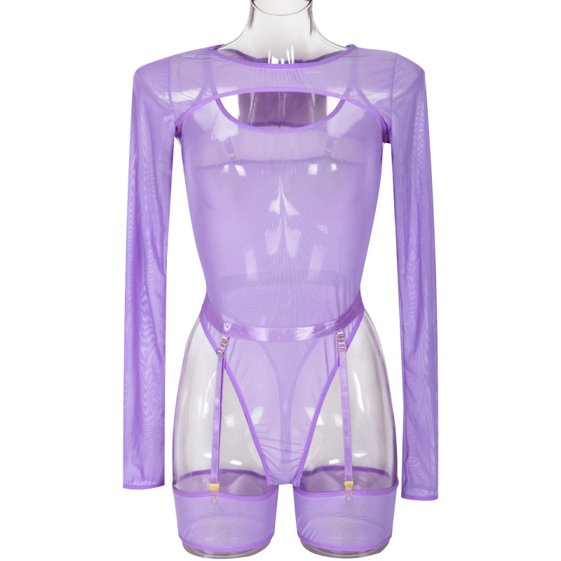 3430--Elastic mesh see-through contrasting color outer cover long-sleeved one-piece with suspenders sexy lingerie three-piece set
