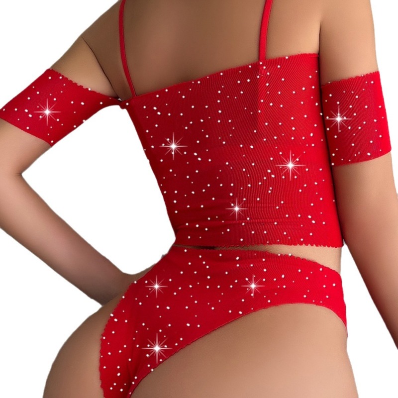 YDT721-Hot rhinestone sexy pajamas upper and lower two-piece sexy one-shoulder hot rhinestones Mantianxing.com