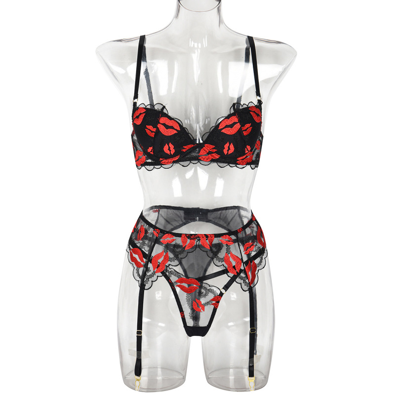 3267--New hot-selling Valentine's Day red lips embroidery push-up mold cup sexy three-piece set