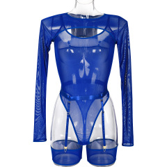 3430--Elastic mesh see-through contrasting color outer cover long-sleeved one-piece with suspenders sexy lingerie three-piece set