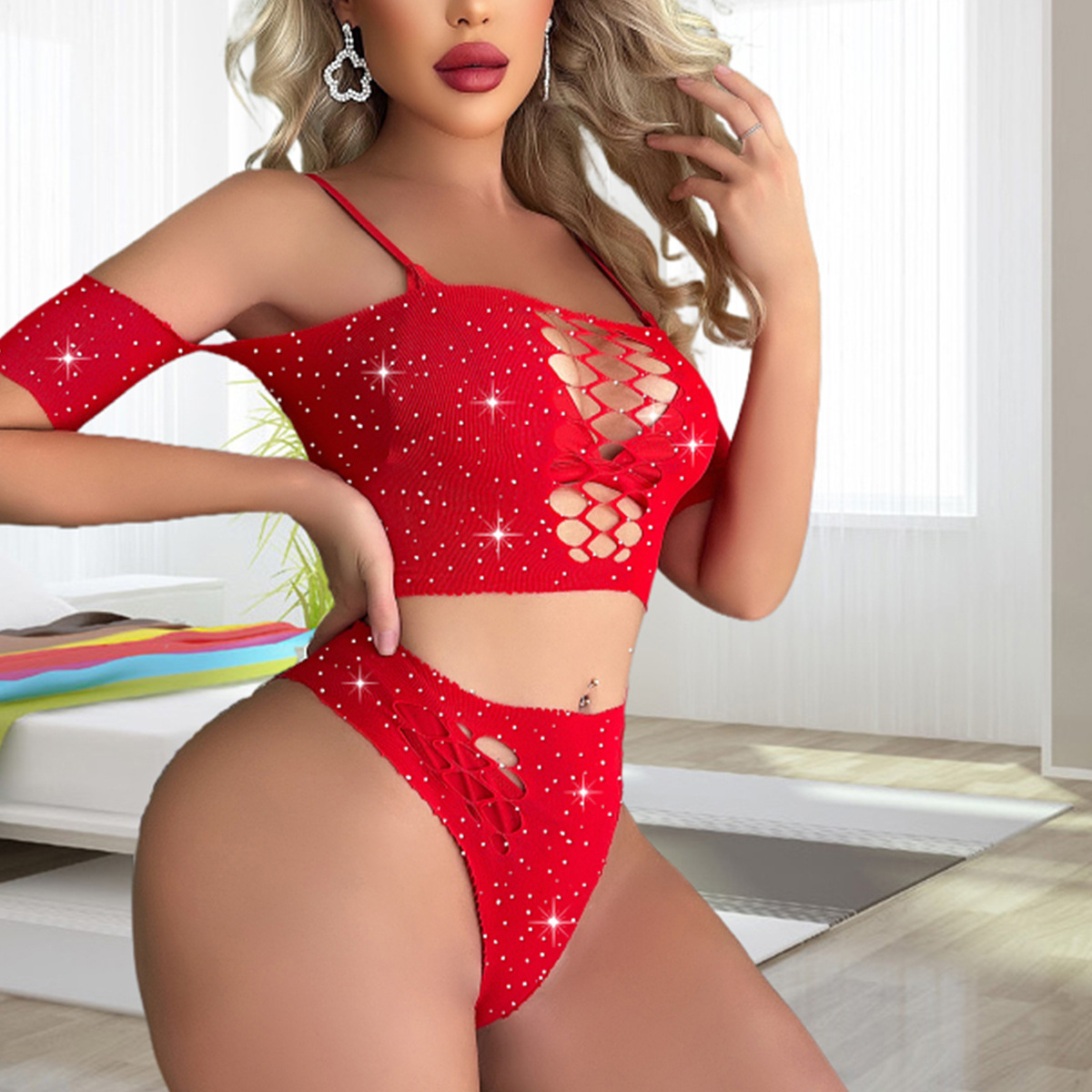 YDT721-Hot rhinestone sexy pajamas upper and lower two-piece sexy one-shoulder hot rhinestones Mantianxing.com