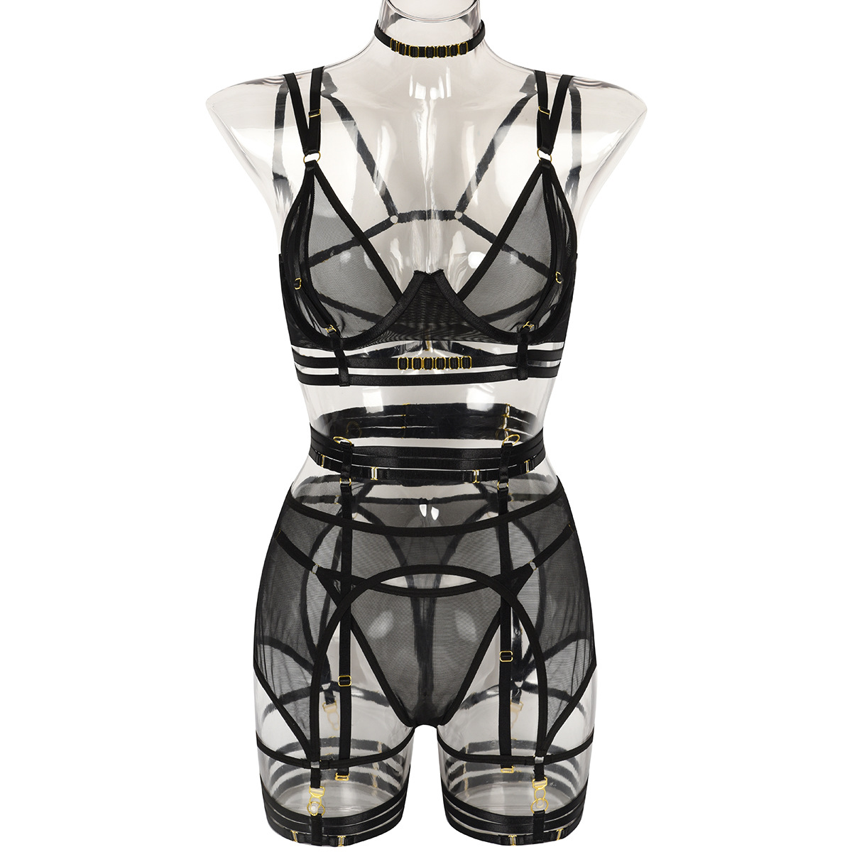 3209--Fun 4-piece set, popular mesh splicing complex heavy industry halter neck and leg ring set