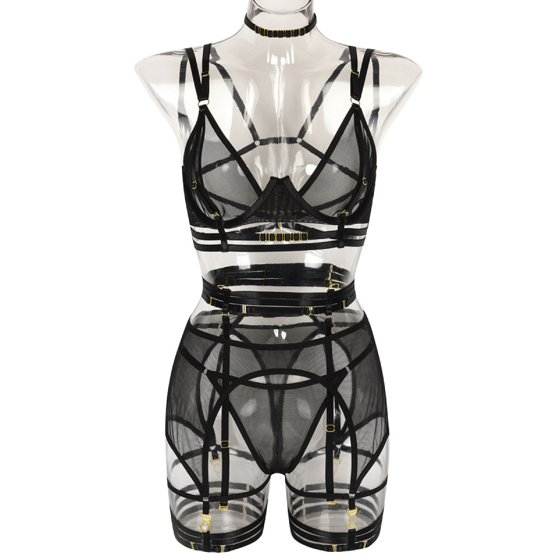 3209--Fun 4-piece set, popular mesh splicing complex heavy industry halter neck and leg ring set