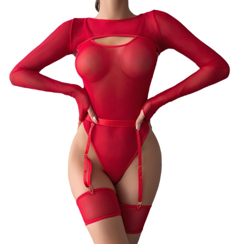 3430--Elastic mesh see-through contrasting color outer cover long-sleeved one-piece with suspenders sexy lingerie three-piece set