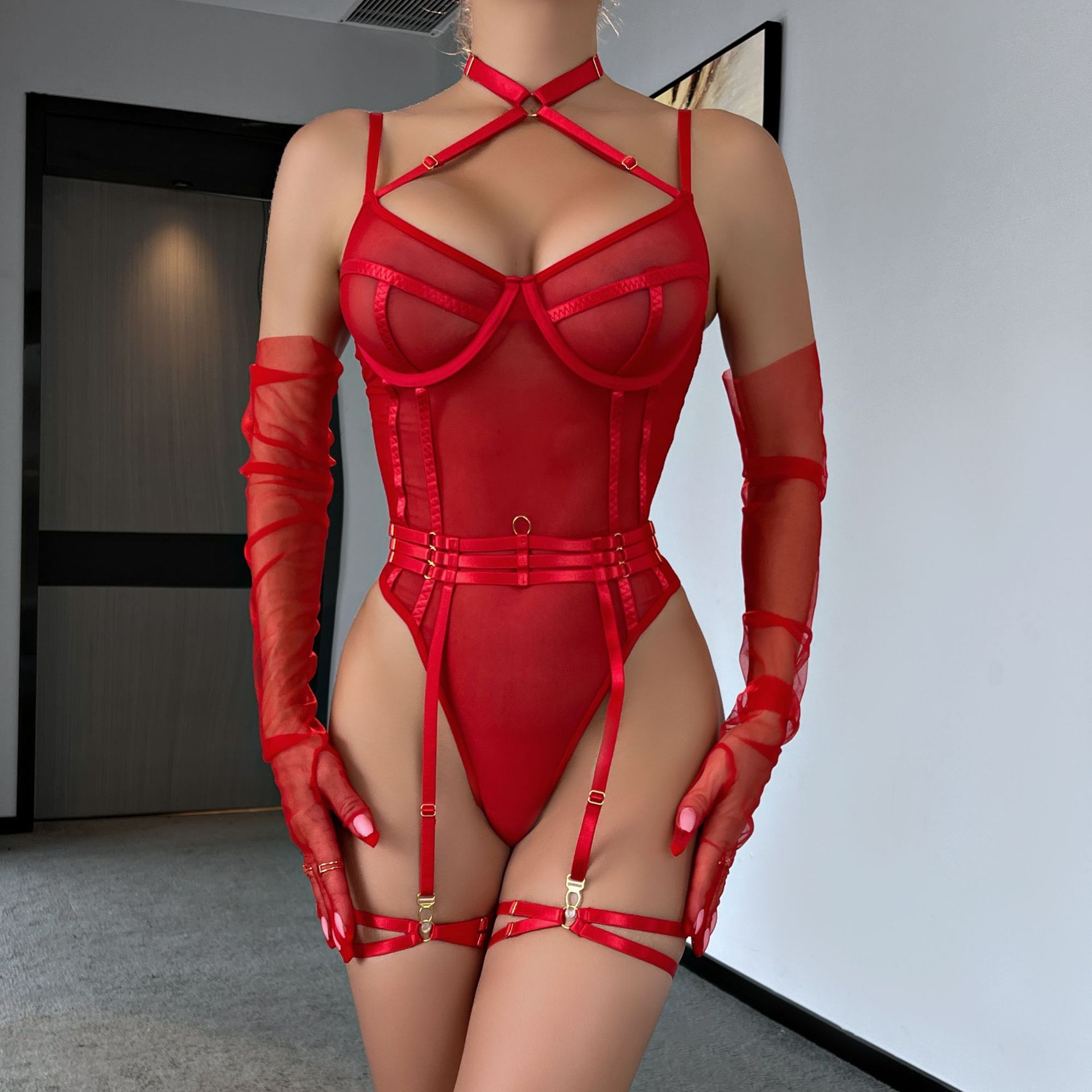 3368-High-elastic mesh tight-fitting see-through sexy lingerie halterneck contrasting color one-piece complex two-piece set