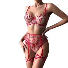 3401--New women's embroidered geometric striped embroidery stitching sexy semi-perspective sexy lingerie four-piece set