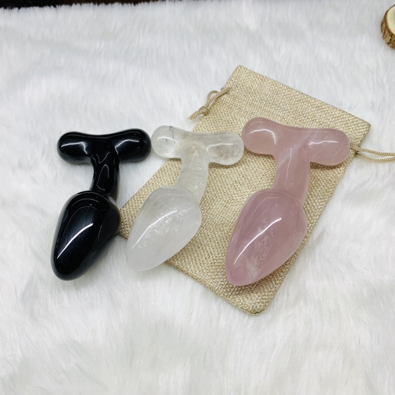 S155--Natural white crystal, rose quartz, obsidian, rough stone carved and polished anal plug