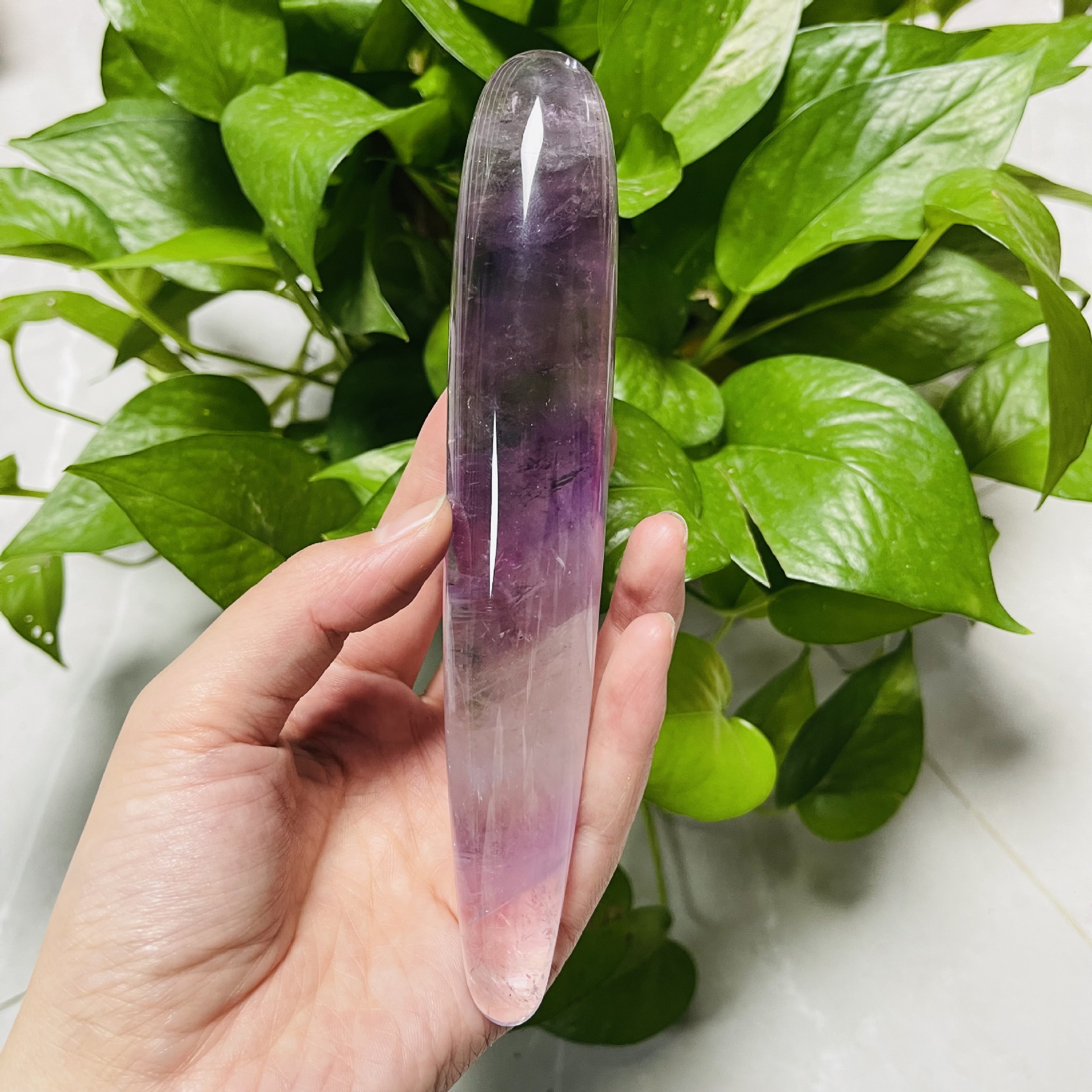 S154--Natural crystal amethyst raw stone carved and polished crystal massage stick