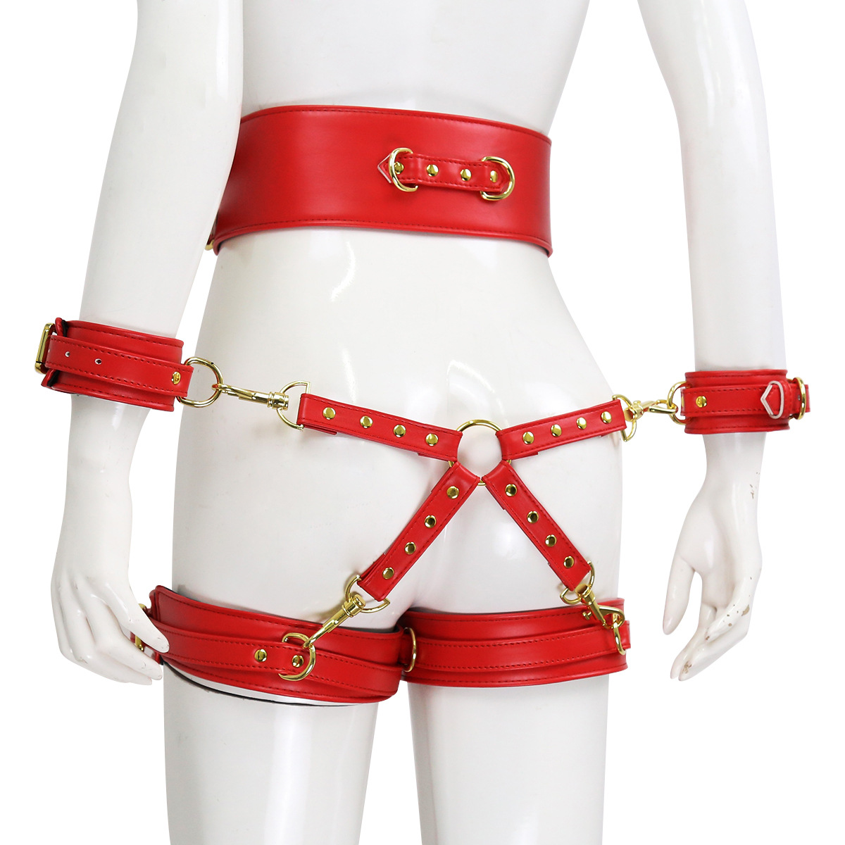 302100277-Sex toys leather handcuffs, leg cuffs and waist restraints, alternative toy cross leather corset