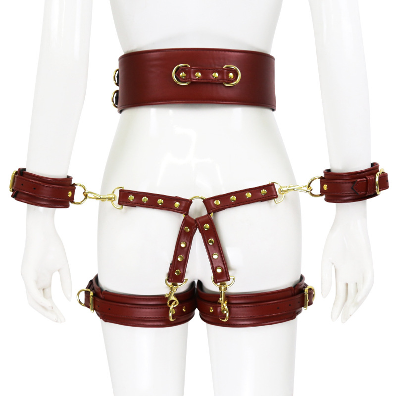 302100277-Sex toys leather handcuffs, leg cuffs and waist restraints, alternative toy cross leather corset