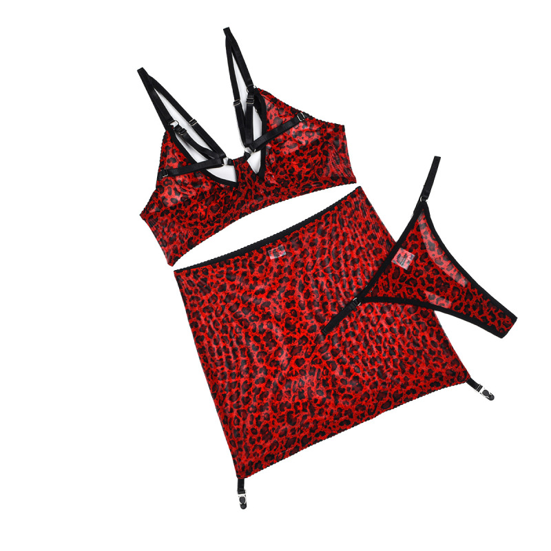Z3362A--Leopard print comfortable mesh bandage push-up skirt sexy lingerie three-piece set