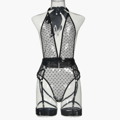 LS3578L--Fashionable polka-dot mesh deep V tie halterneck jumpsuit sexy and beautiful back five-piece set