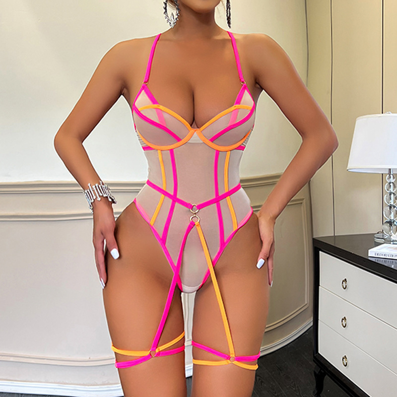 Z3068A--Sexy contrasting color see-through mesh body-shaping backless suspender jumpsuit
