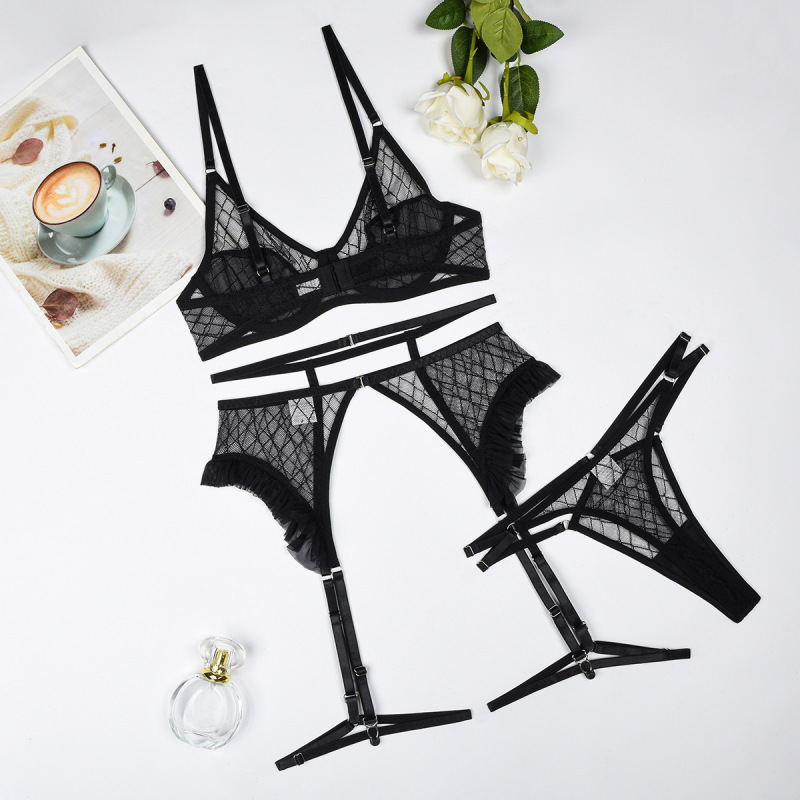 Z3255A--New bra fashionable rhombus mesh with see-through sexy underwear four-piece set