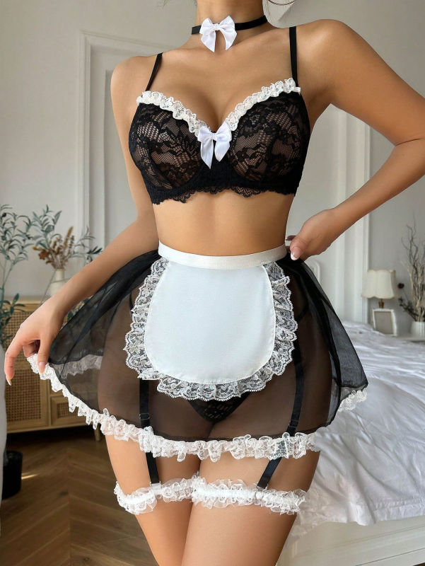 10217-Sexy lingerie sexy bra lace bra set underwear maid outfit with underwire bow